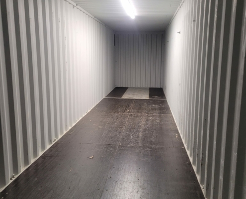 Inside shipping container for storage in Revelstoke.